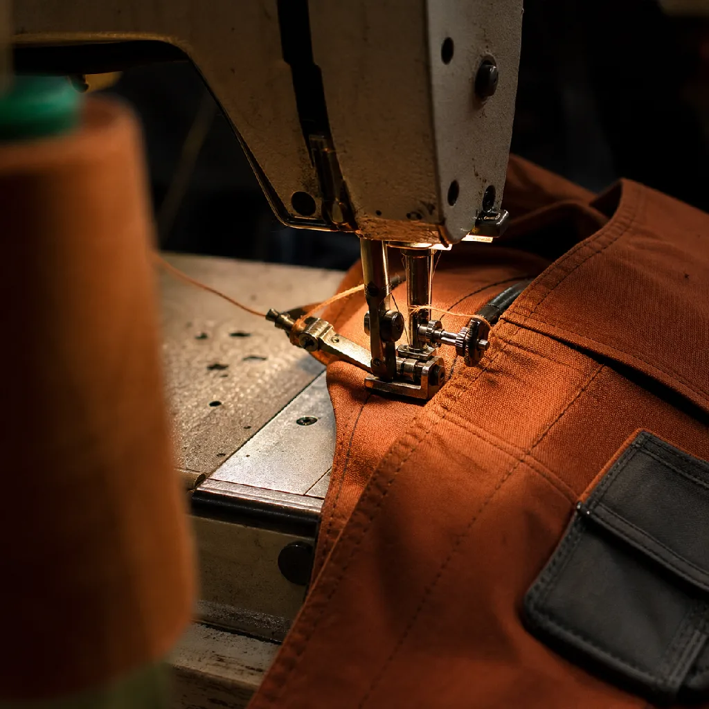 An industrial flat-bed sewing machine mid-stitch on a heavy work jacket seam, thread cones in the foreground.