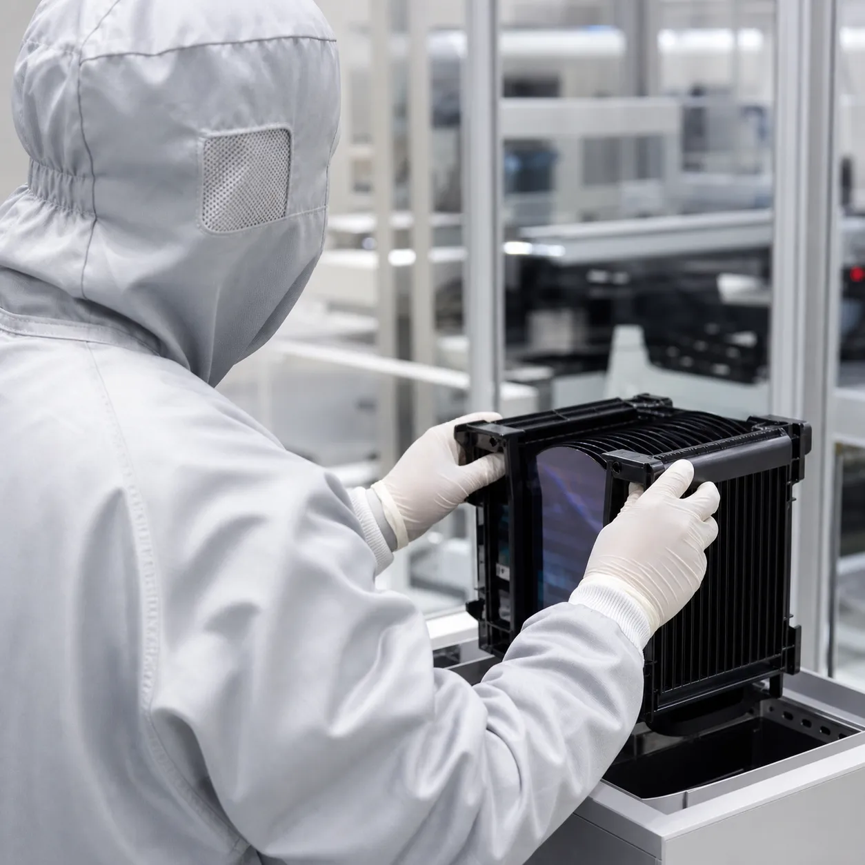 A technician in an anti-static coverall handling a silicon wafer cassette under bright cleanroom lighting.