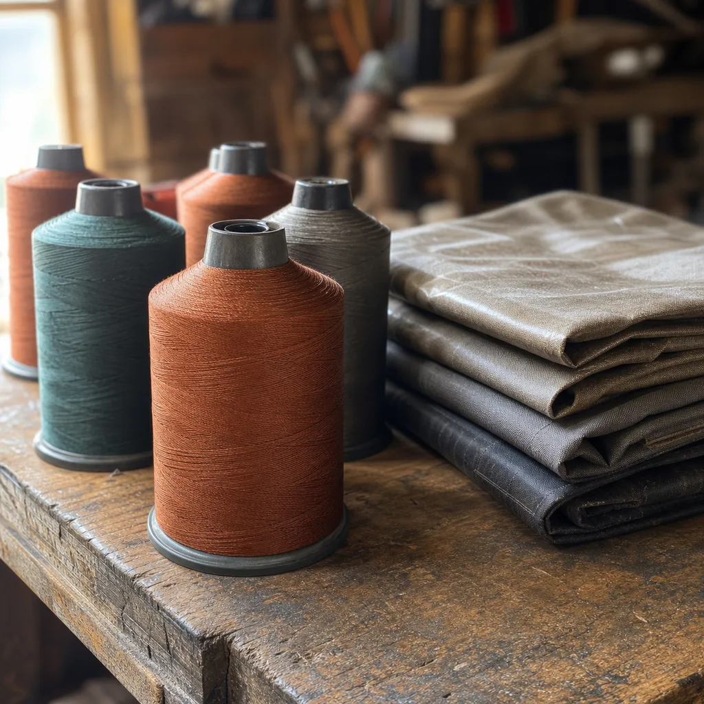 Cones of heavy-duty bonded thread and a stack of folded fabric in workshop light.