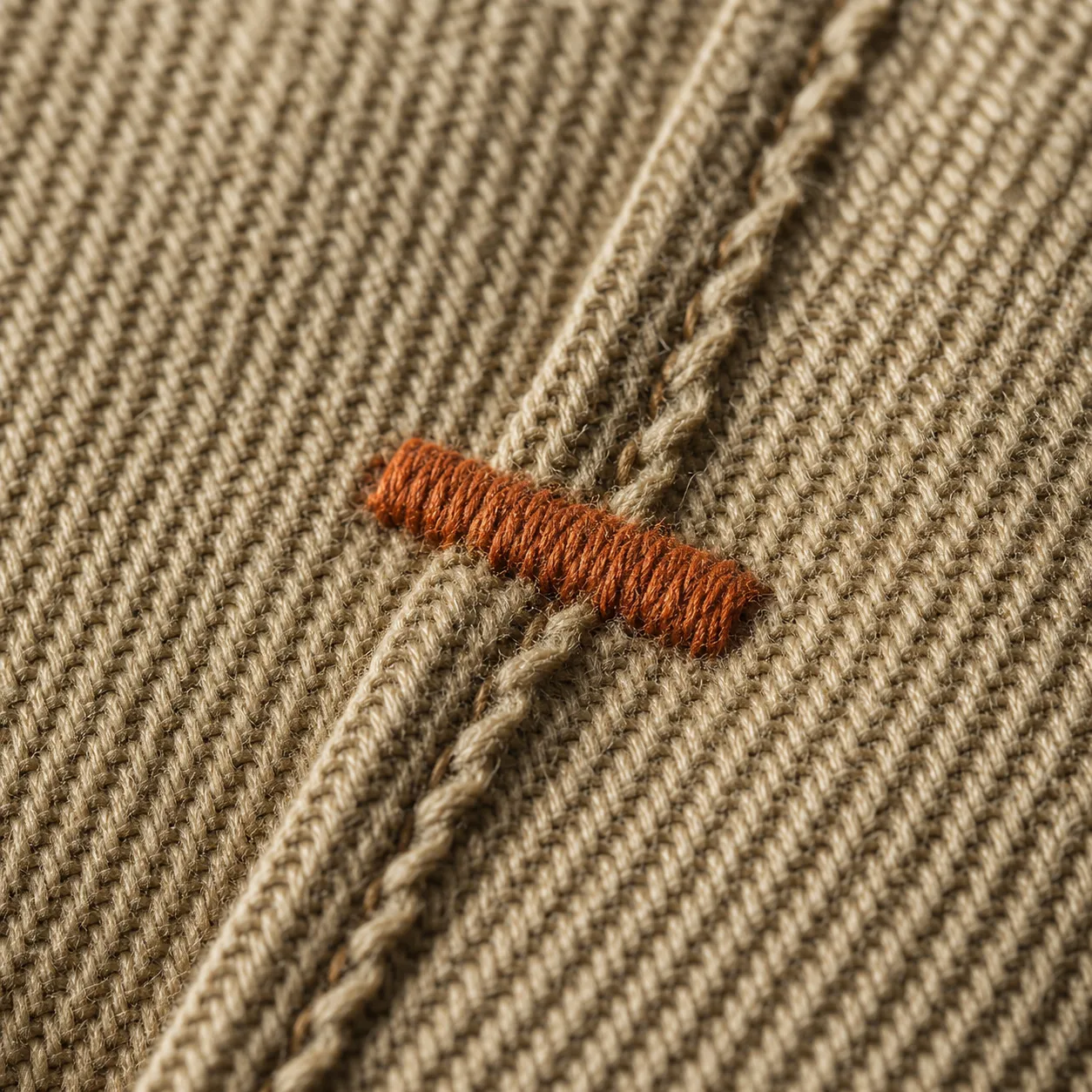 Extreme close-up of woven flame-resistant fabric showing the grain, stitch line and reinforced bar-tack.