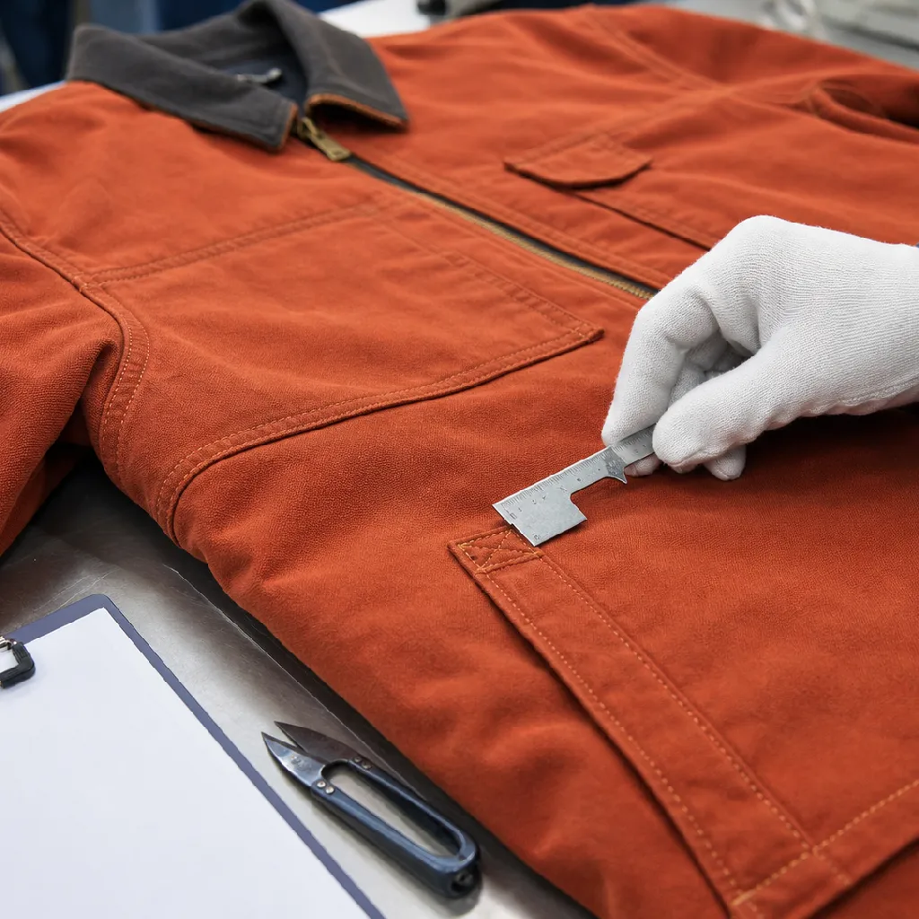 A finished jacket laid flat under inspection, a gloved hand checking a bar-tacked seam with a measuring gauge.