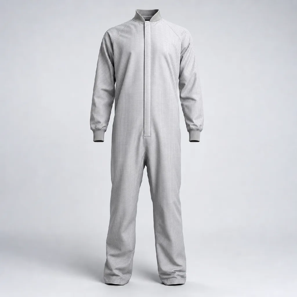 Anti-static cleanroom coverall in soft grey with a fine conductive grid woven through the fabric.