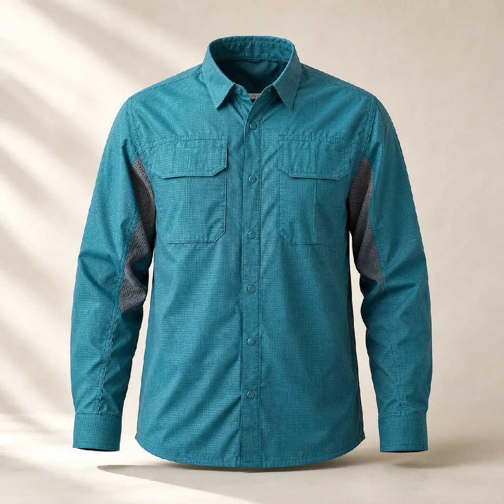 Teal quick-dry work shirt in ventilated ripstop fabric with mesh underarm panels.