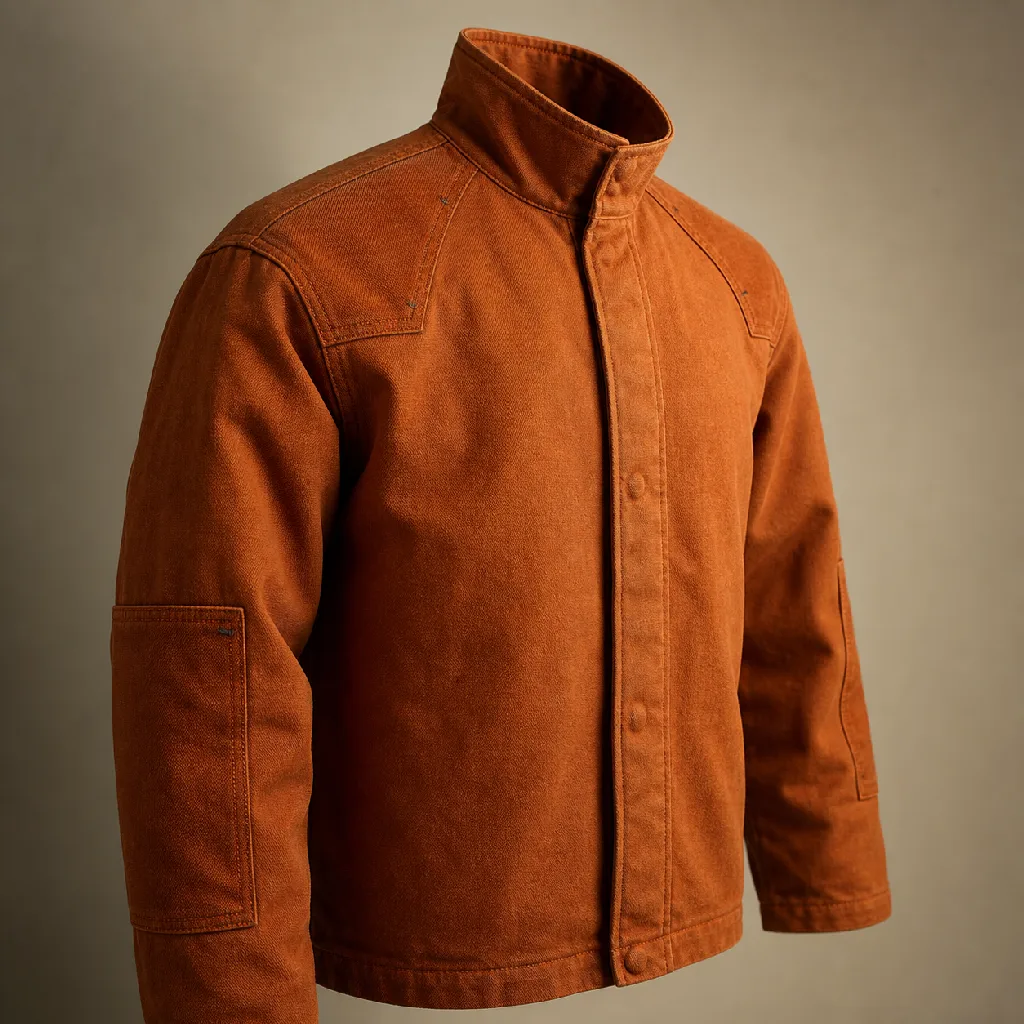 Front view of a rust-orange welding jacket in heavy cotton duck with a stand collar and reinforced shoulders.