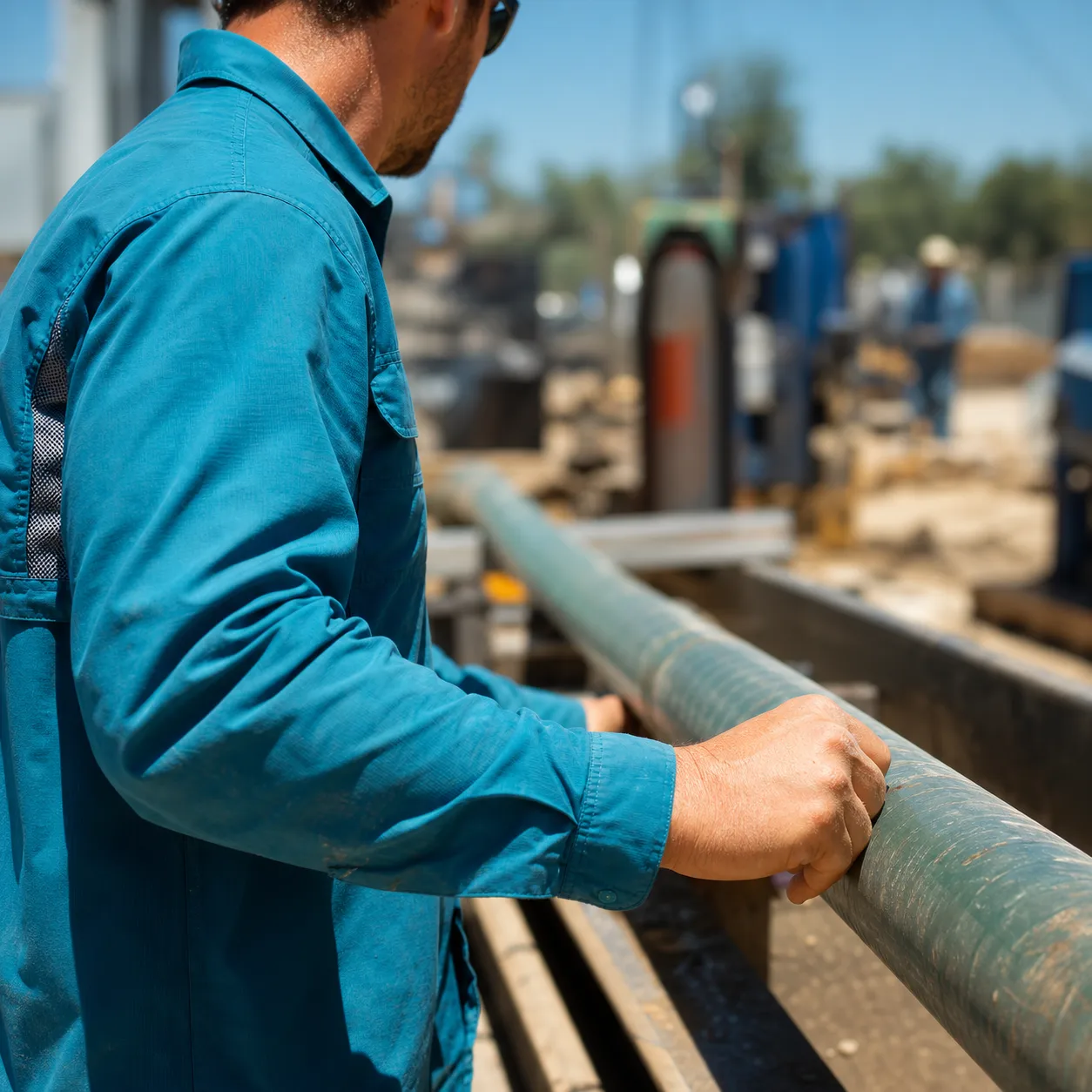 An outdoor crew member in the teal quick-dry shirt guiding pipe on a sunlit job site.