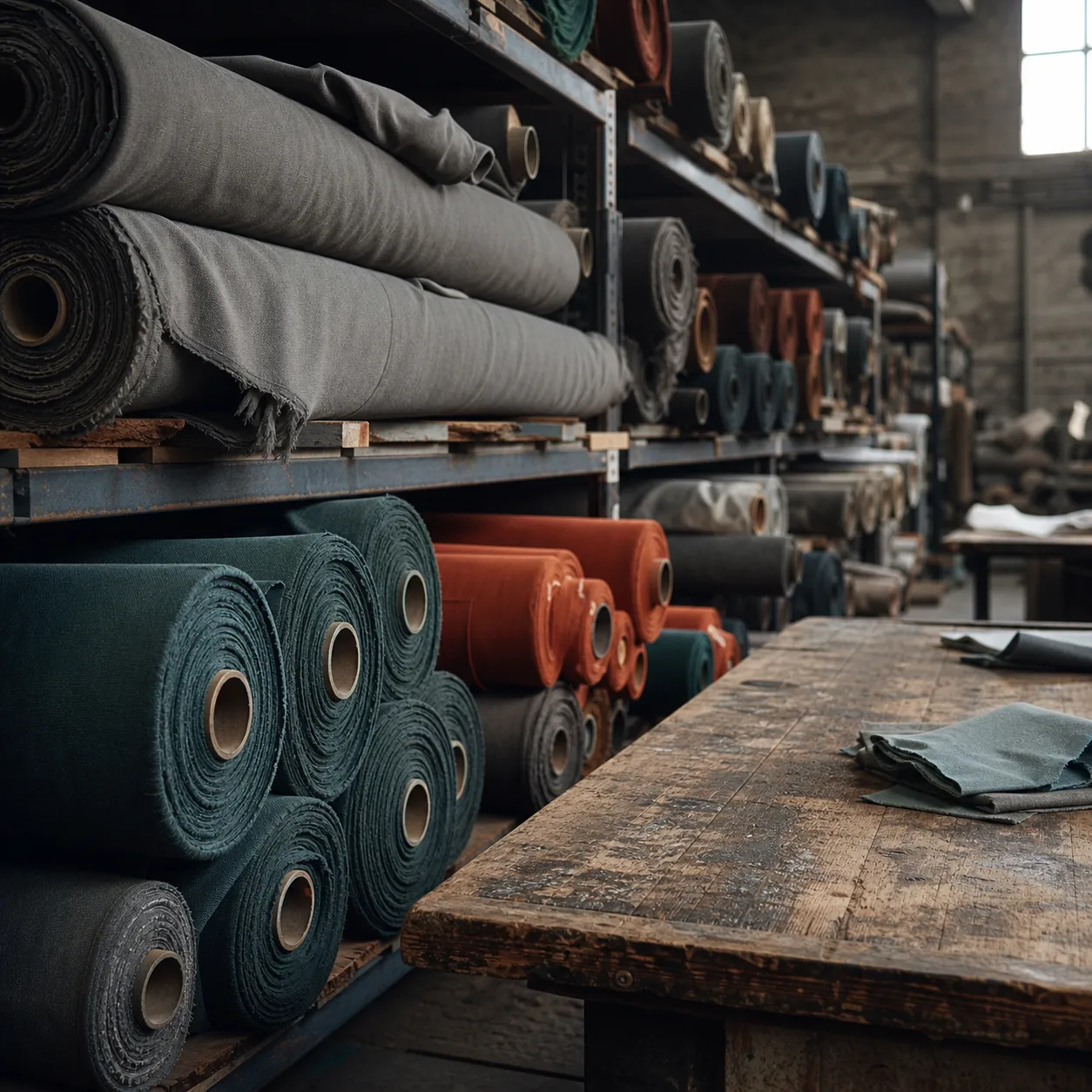 Rolls of flame-resistant and anti-static fabric stacked on shelving beside an industrial cutting table.